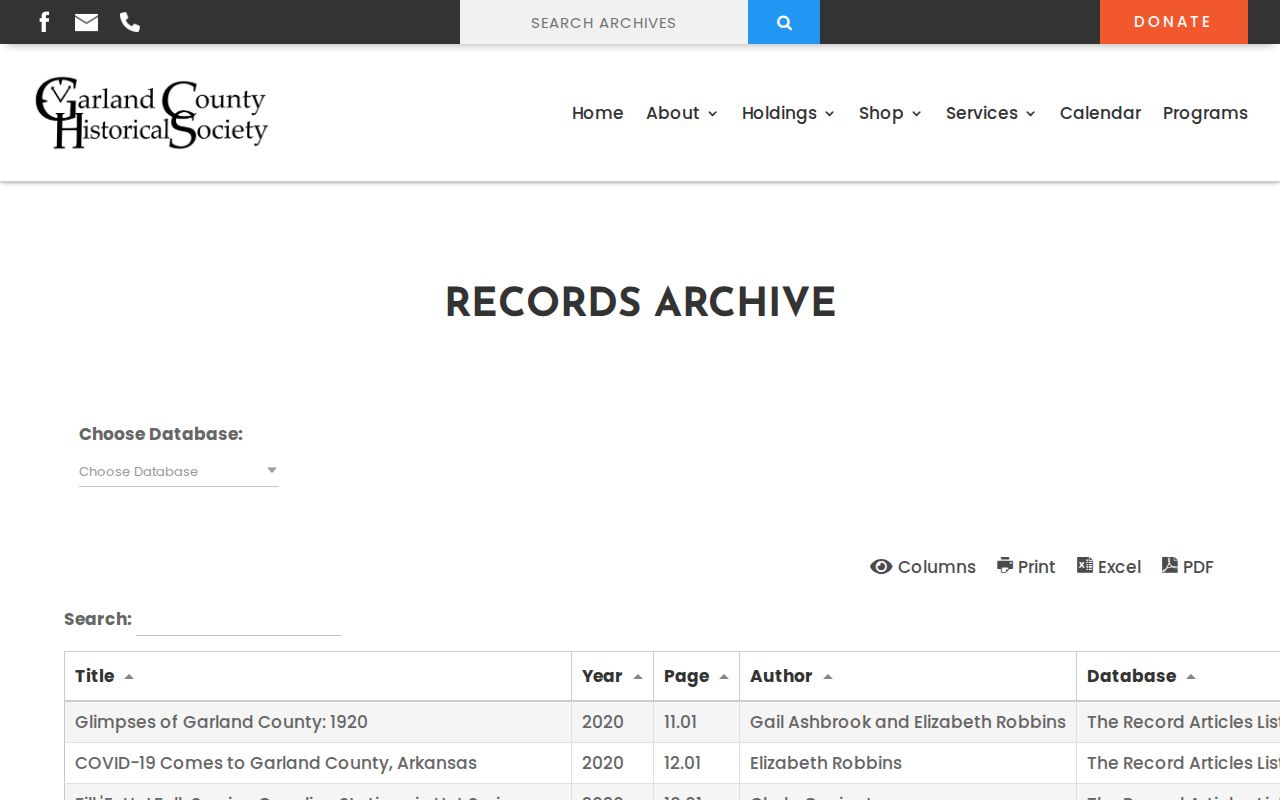 Hot Springs people directories screenshot of Garland County Historical Society records archive