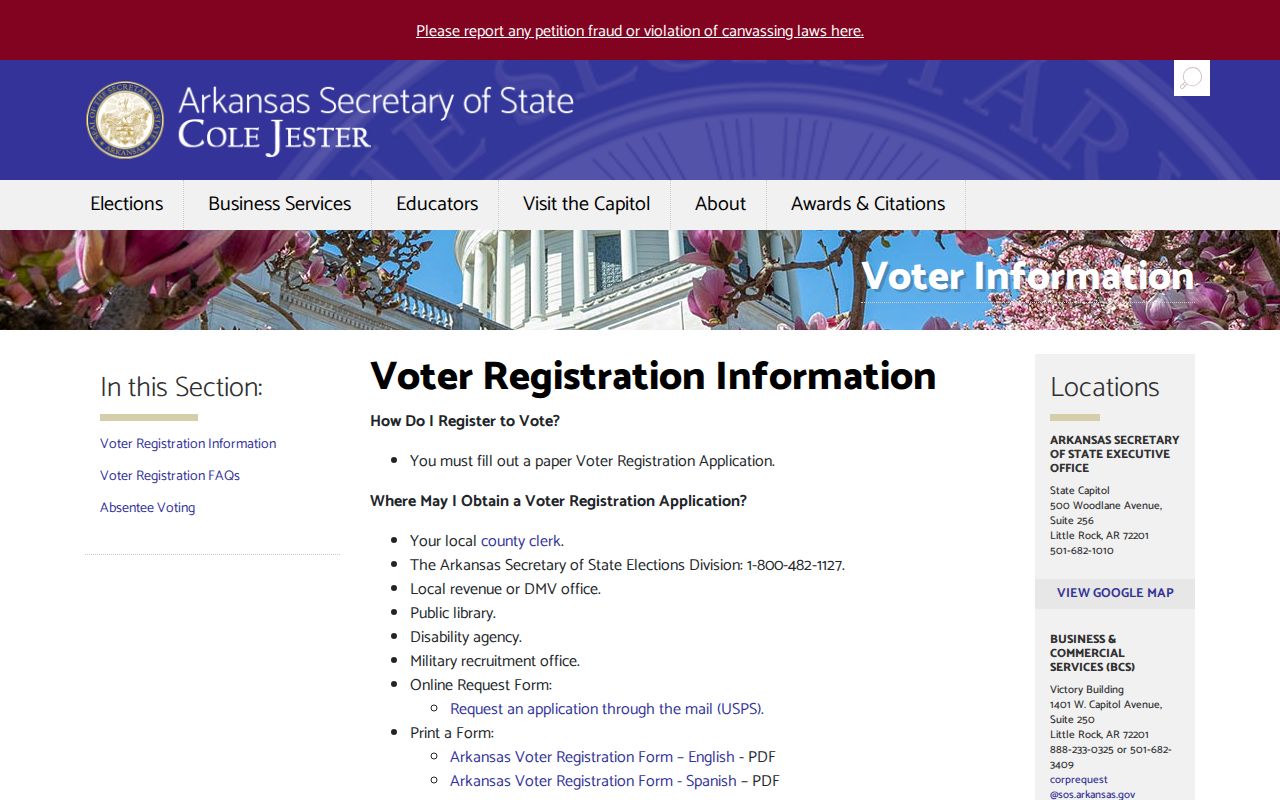 Hot Springs voter registration records guidance on the Arkansas Secretary of State voter registration information page