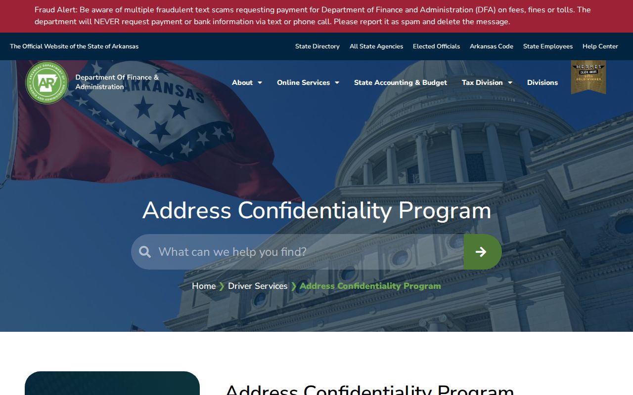 Hot Springs voter registration records protected-address context from the Arkansas Address Confidentiality Program page