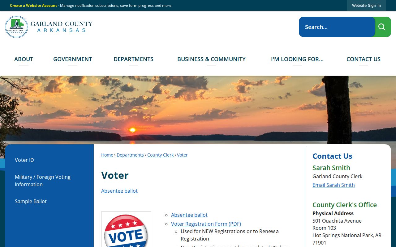 Hot Springs and Garland County voter registration records page with registration forms and VoterView link